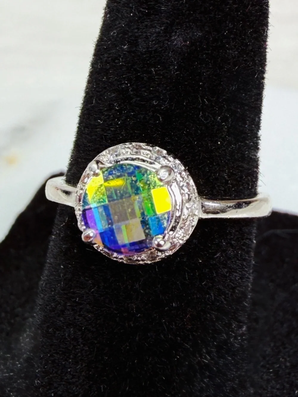 Silvertone Halo Ring with Multicolor Aurora Crystal size 5